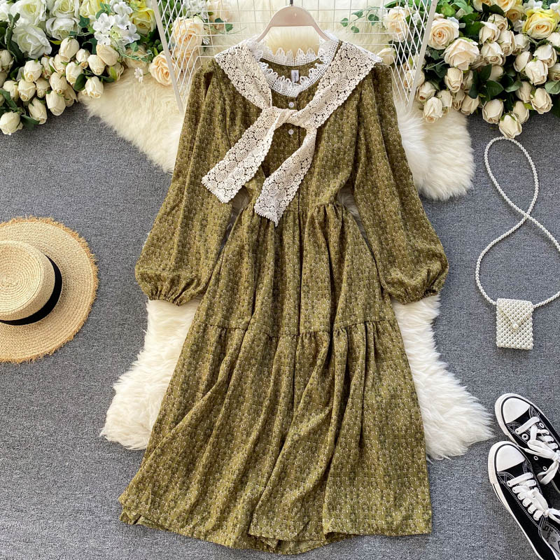 V-neck lace trim vintage shawl dress