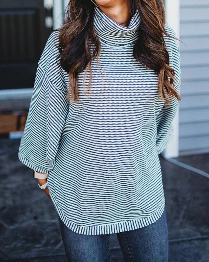 Ladies Fashion Casual High Neck Striped Print Top