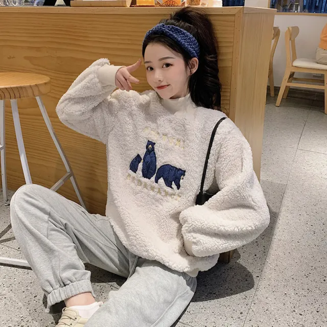 Retro bear embroidered turtleneck sweater women Beige - Shop at LoveMi