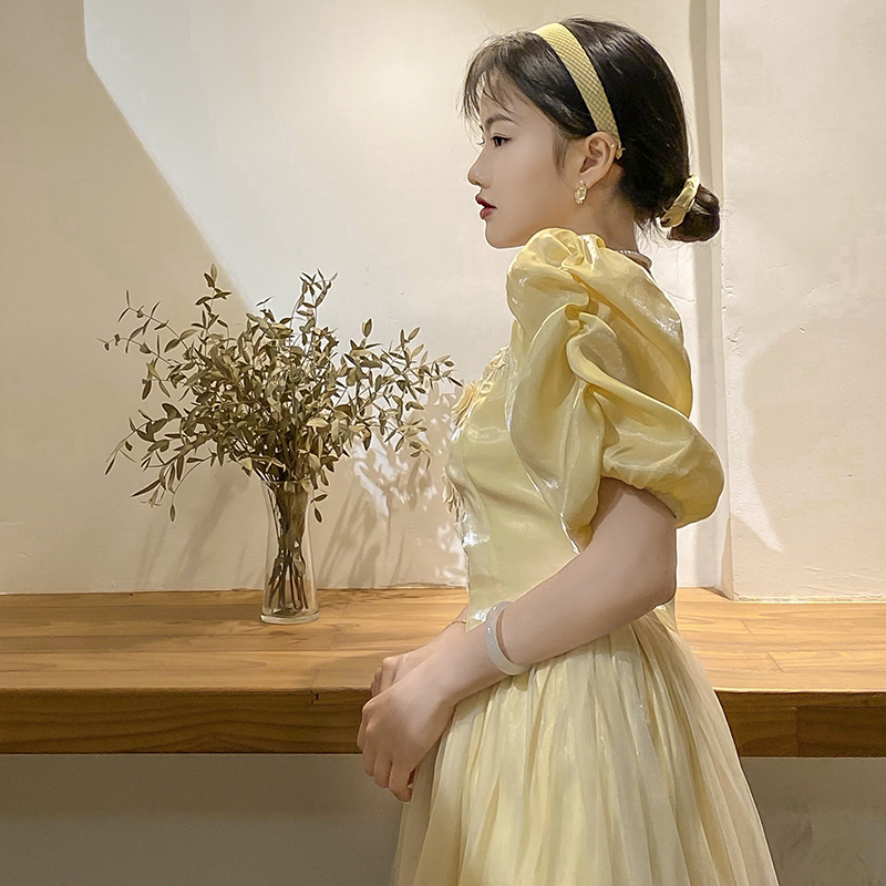 French Small Number Of Satin Dress For Women, Waistline Shows Thin Mesh Splicing Princess Skirt