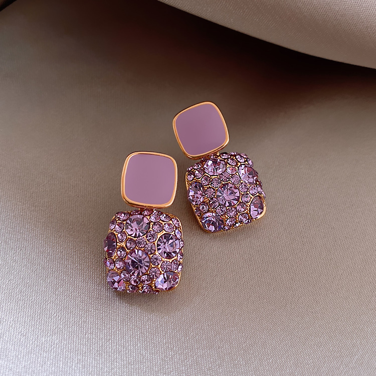 Cold Wind Purple Diamond-Studded Square Oil Drop Earrings