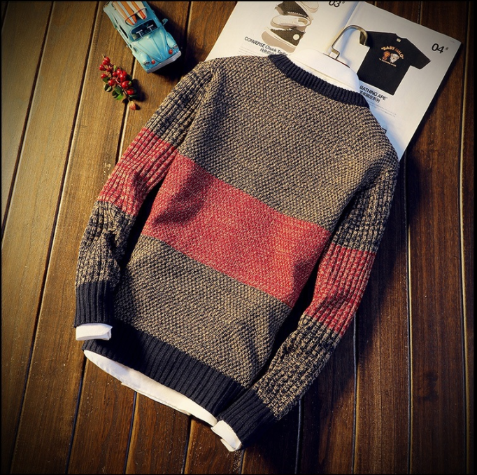 Korean Men's Color-Blocking Thick Wool Sweater