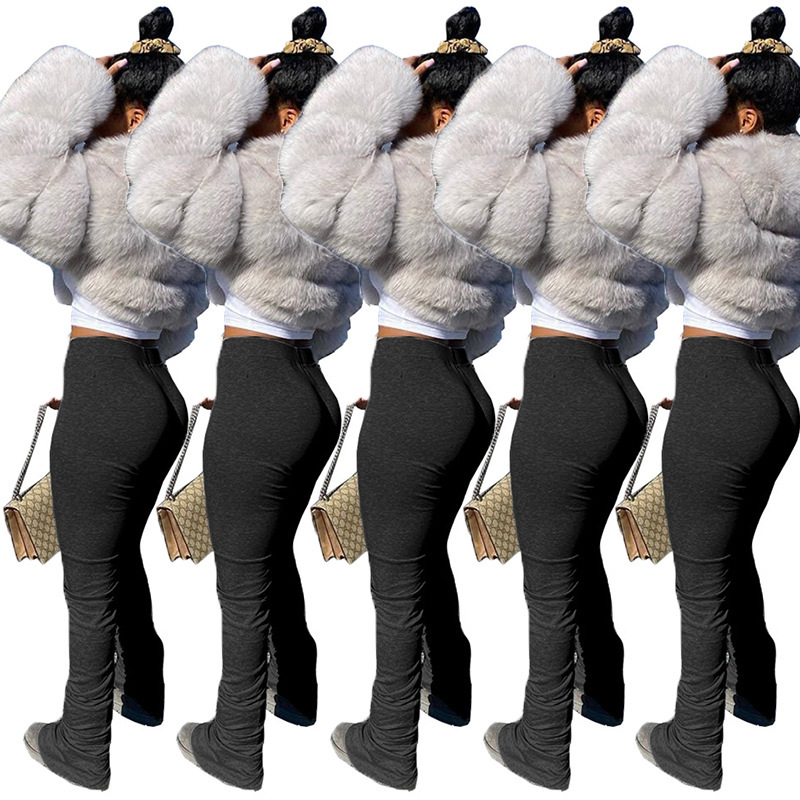 Solid Color Sweatshirt Fabric Slit Micro Flared Sweatpants Black - Shop at LoveMi