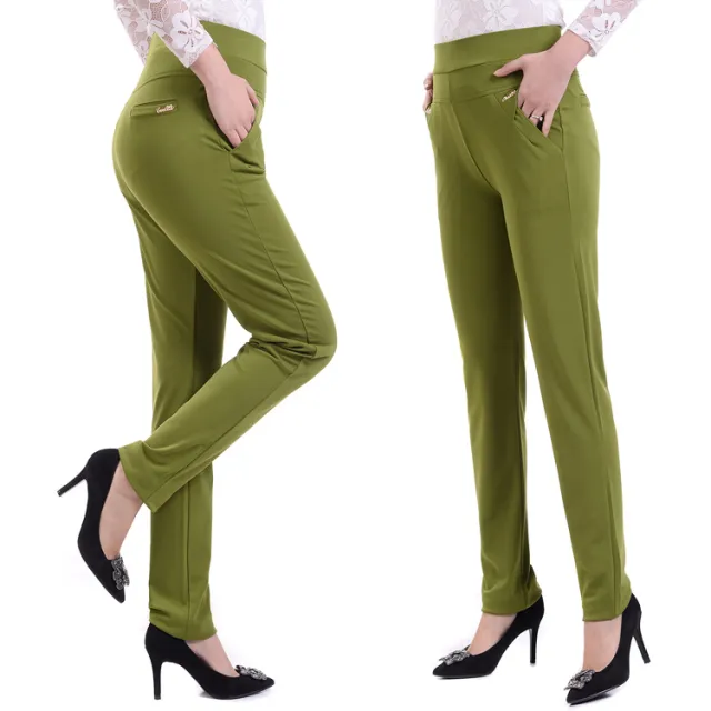 Elastic Waist Straight Leg Pants Mother Cropped Pants Autumn Green - Shop at LoveMi