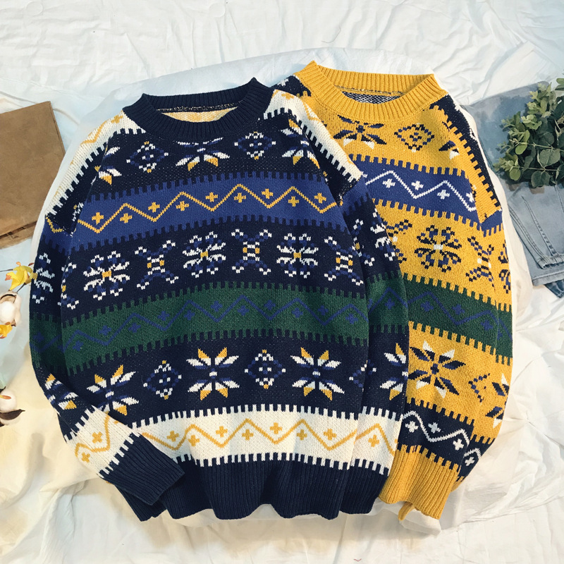 Knitted Vintage Geometric Pattern Sweater Round Neck Long Sleeve