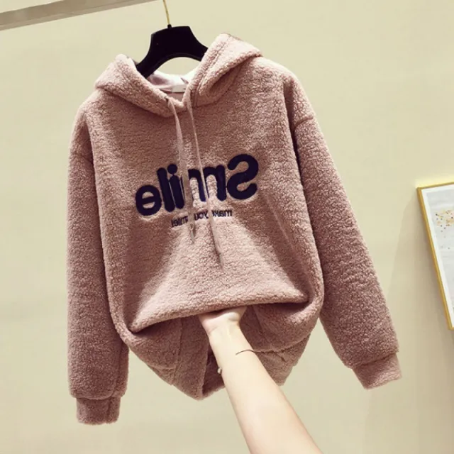 Women's new hooded sweater in winter with velvet thickening imitation lamb wool Pink - Shop at LoveMi