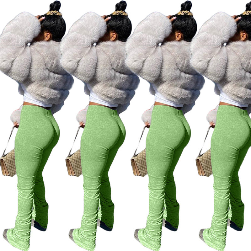 Solid Color Sweatshirt Fabric Slit Micro Flared Sweatpants Green - Shop at LoveMi