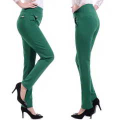 Elastic Waist Straight Leg Pants Mother Cropped Pants - Emerald - View 1