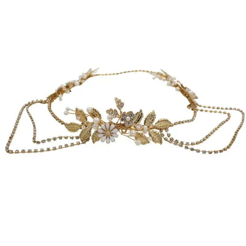 Bridal Chain Headband with Floral Accents and Rhinestone Draping