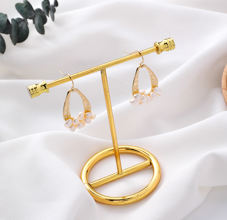 Pearl earrings-shaped metal ring water droplets handmade beaded ear hook temperament small ear hook female