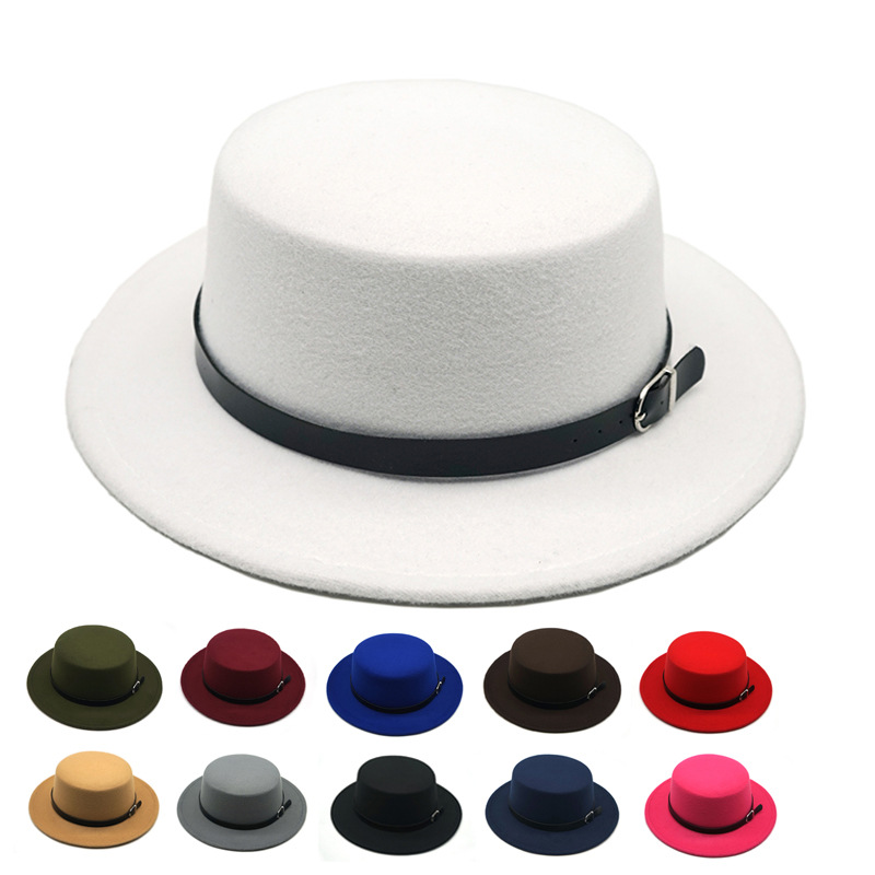 Pure Color Silver Buckle Belt Woolen Flat Top Hat
