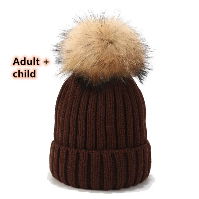 Wild Raccoon Real Hair Ball Knitted Hat Warm Parent Child Hat Wine Red - Shop at LoveMi