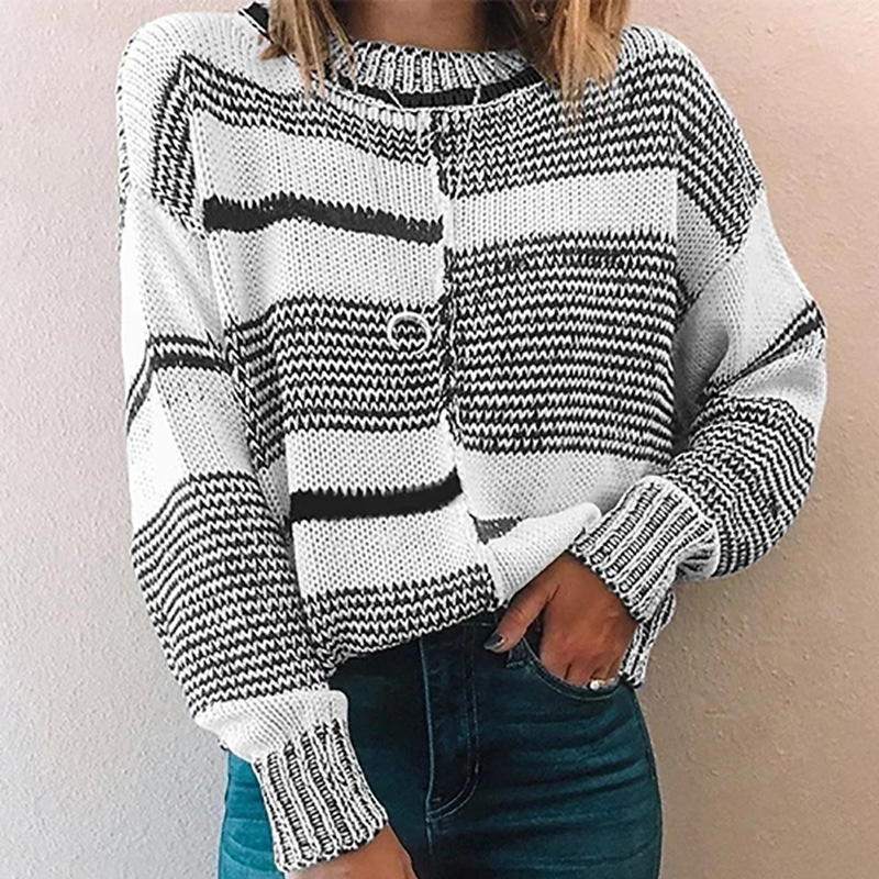New Loose Black and White Striped Sweater