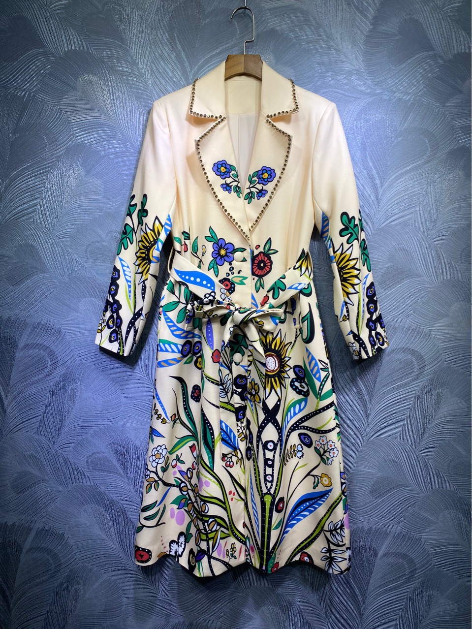 Lapel bead print belt mid-length trench coat