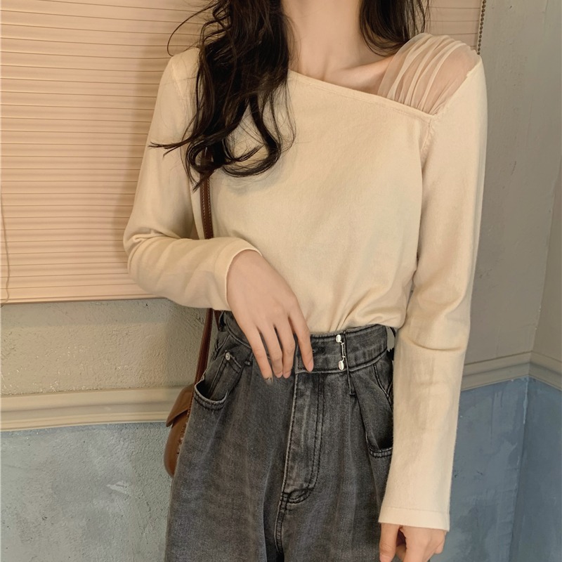 Oblique collar double side mesh sweater