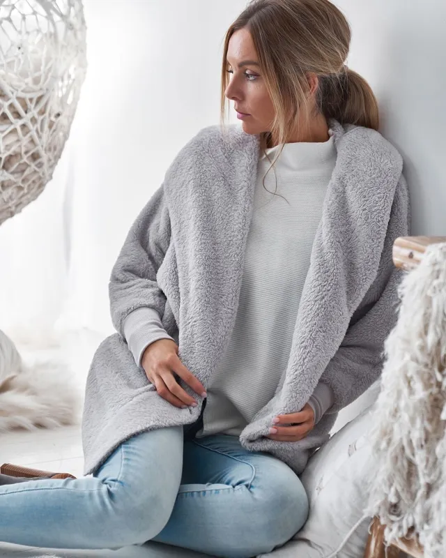 Hooded long sleeve Fleece Jacket Grey - Shop at LoveMi