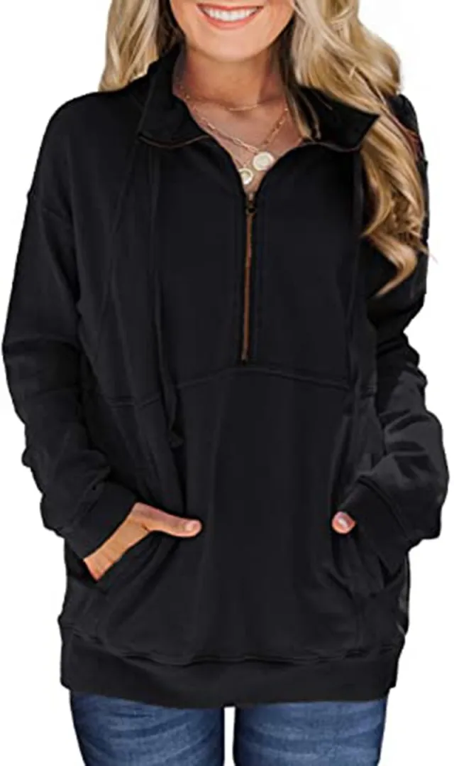 Pure color casual sweater women's top Black - Shop at LoveMi