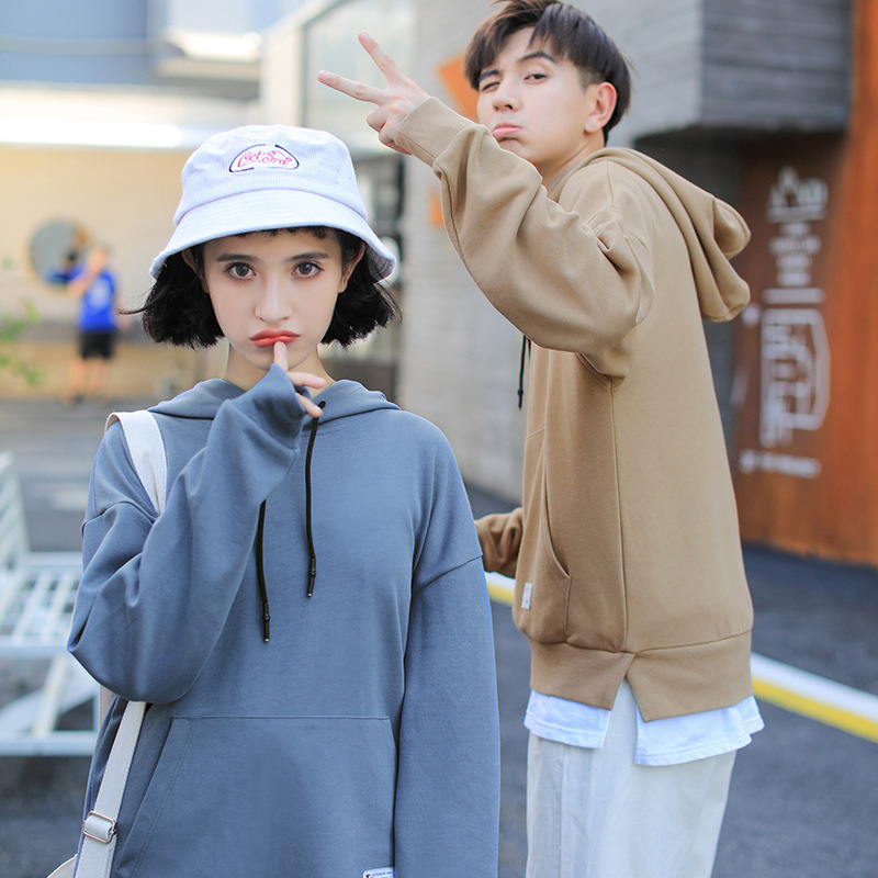 Hooded solid color couple top