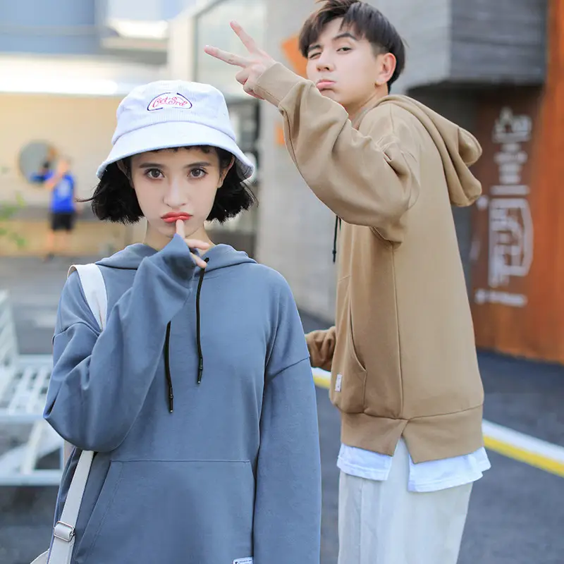 Hooded solid color couple top