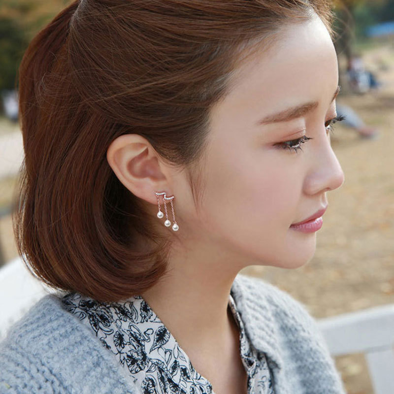 Korean Water Drop Three-Layer Pearl Long Earrings