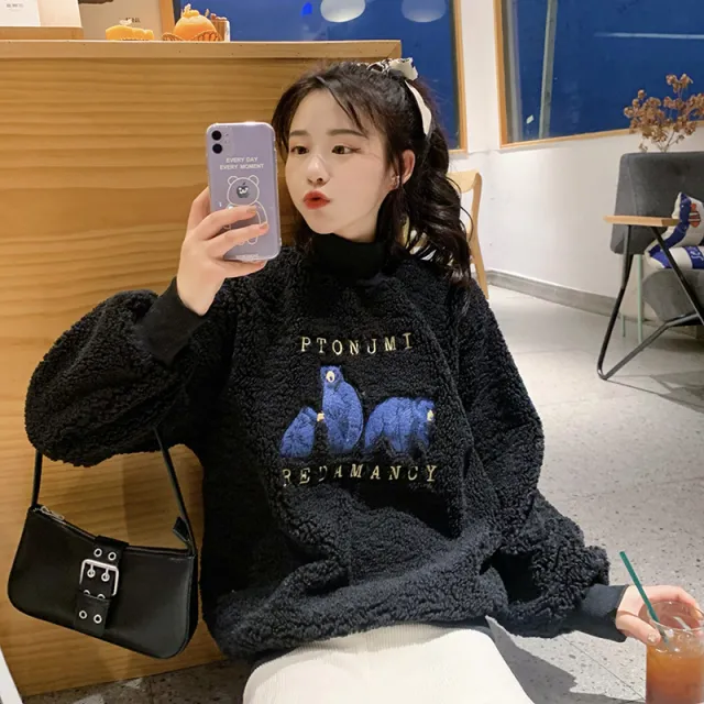 Retro bear embroidered turtleneck sweater women Black - Shop at LoveMi