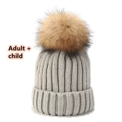 Wild Raccoon Real Hair Ball Knitted Hat Warm Parent-Child Hat - Light Grey - View 1