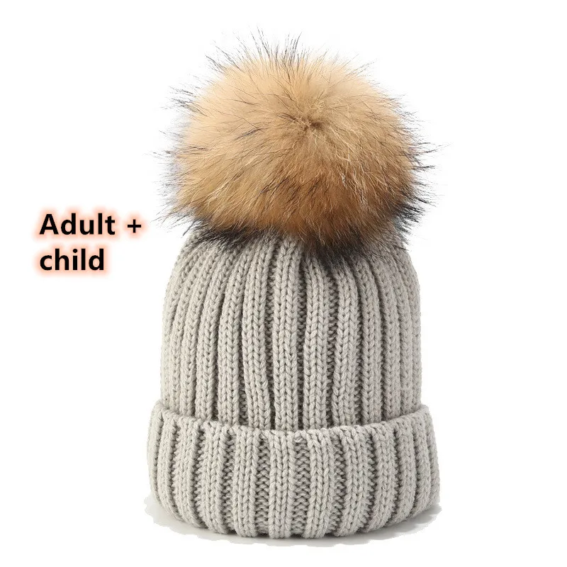 Wild Raccoon Real Hair Ball Knitted Hat Warm Parent-Child Hat - Light Grey