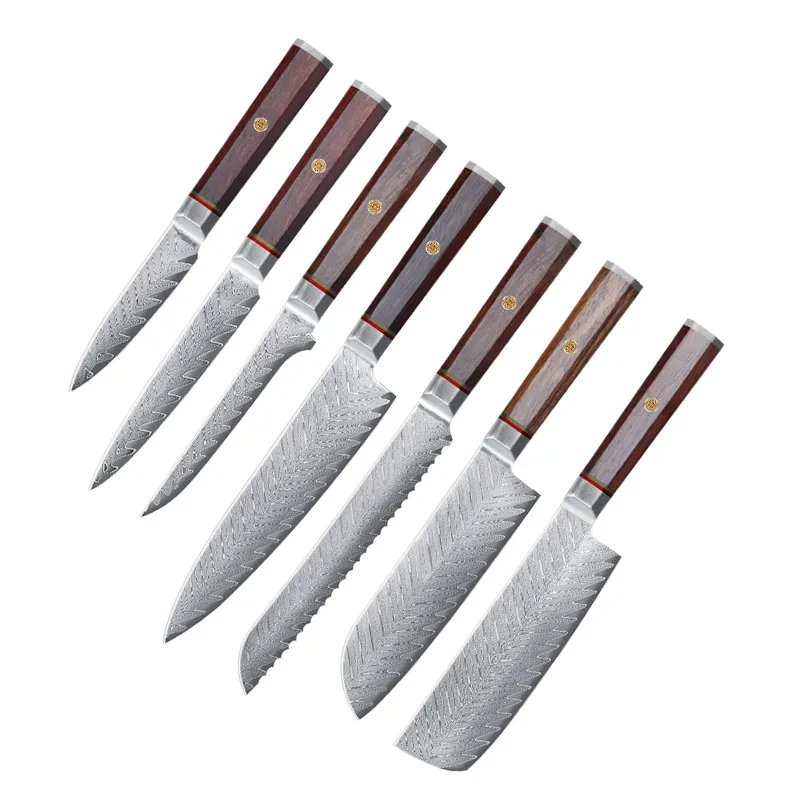Damascus steel octagonal handle series kitchen knife - 7Pcs Set