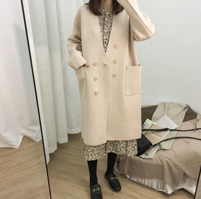 Autumn and winter Korean version of lazy V-neck double-breasted loose thin knit cardigan women's large size long thick sweater coat