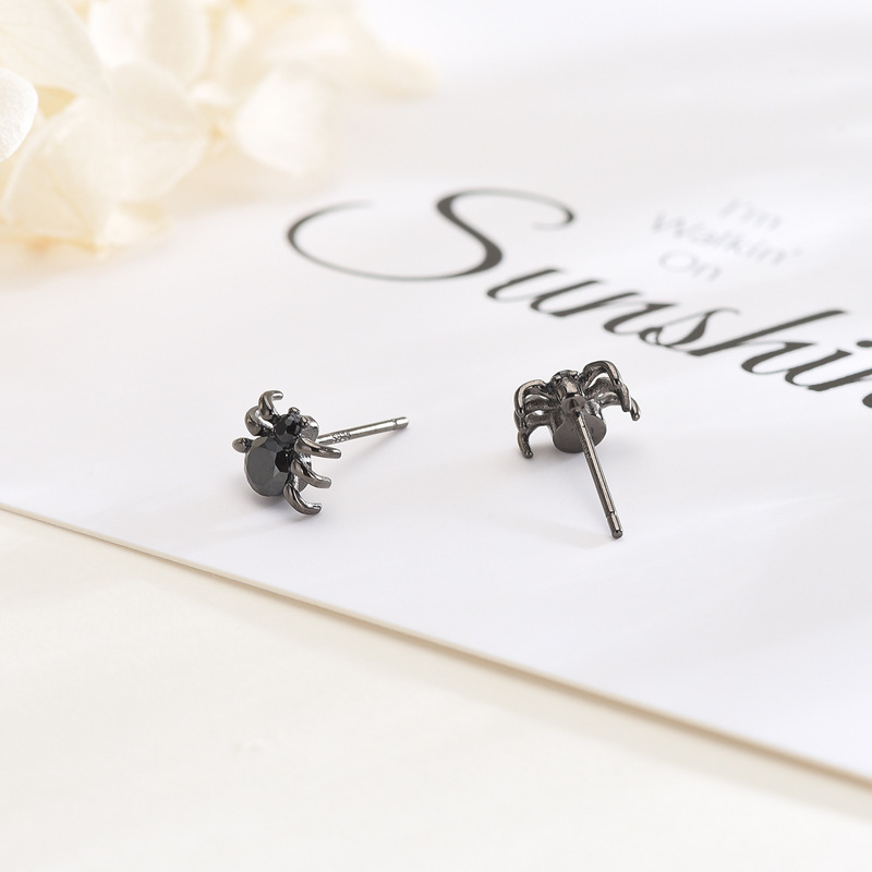 S925 sterling silver petite black spider earrings