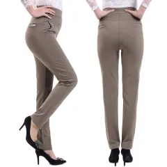 Elastic Waist Straight Leg Pants Mother Cropped Pants - Khaki - View 1