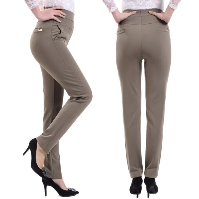 Elastic Waist Straight Leg Pants Mother Cropped Pants Khaki - Shop at LoveMi