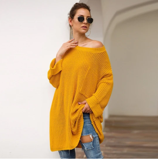 Three-color mid-length lazy knit sweater