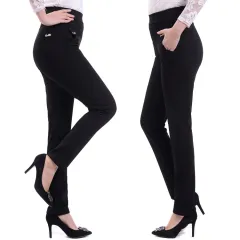 Elastic Waist Straight Leg Pants Mother Cropped Pants - Black - View 1