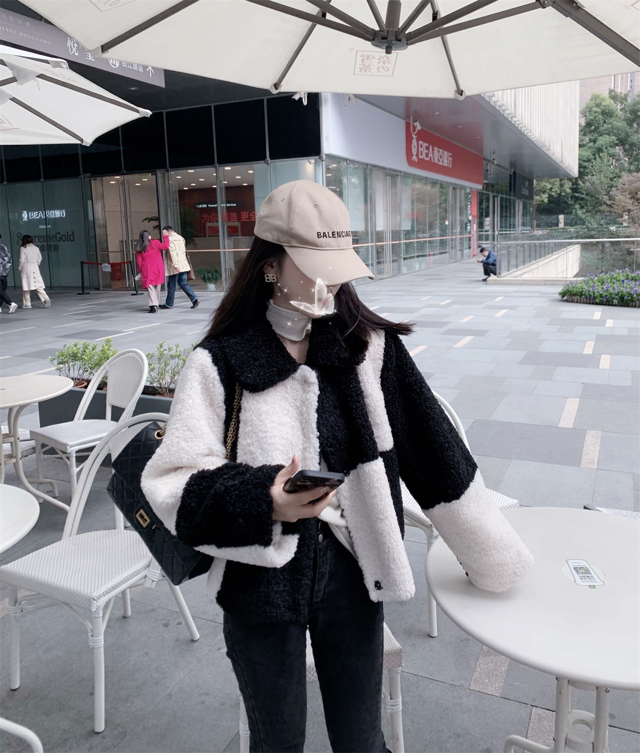 Ladies Sheep Curly Wool Patchwork Short Coat