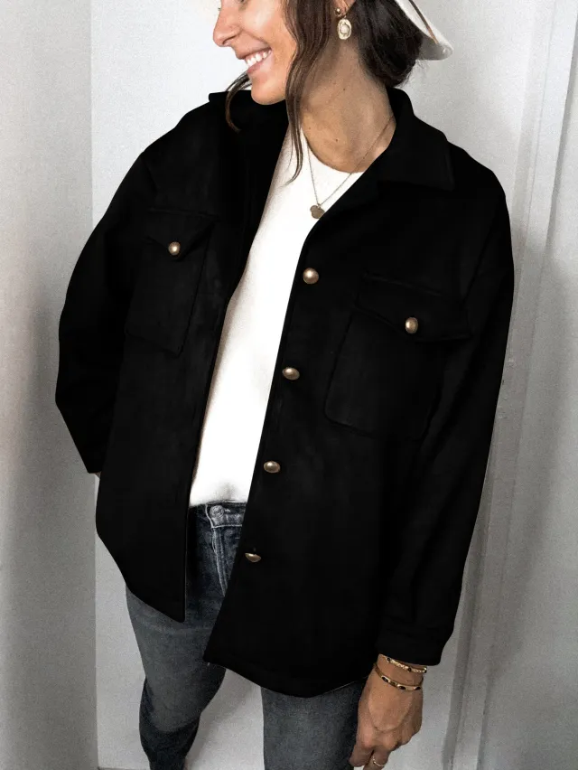 Double Pocket Deerskin Velvet Jacket Black - Shop at LoveMi