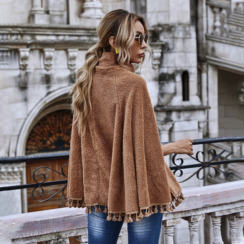 High neck tassel hem cape long sleeves