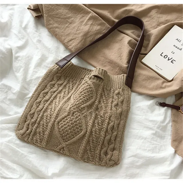 Vintage wool knitted woven shoulder bag Khaki - Shop at LoveMi