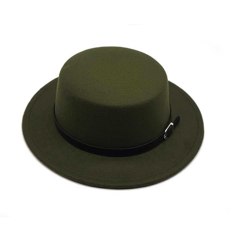 Pure Color Silver Buckle Belt Woolen Flat Top Hat Green - Shop at LoveMi