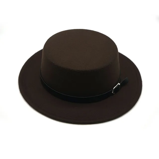 Pure Color Silver Buckle Belt Woolen Flat Top Hat Coffee - Shop at LoveMi
