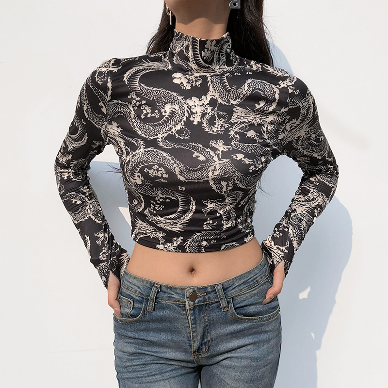 Print Anime Shirt Female Turtleneck Long Sleeve Woman Cropped Tshirts Vintage