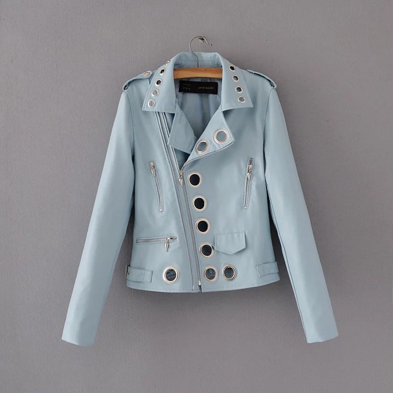 Ladies Fashion Hollow Pu Leather Jacket Blue - Shop at LoveMi