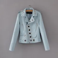 Ladies Fashion Hollow Pu Leather Jacket - Blue - View 1