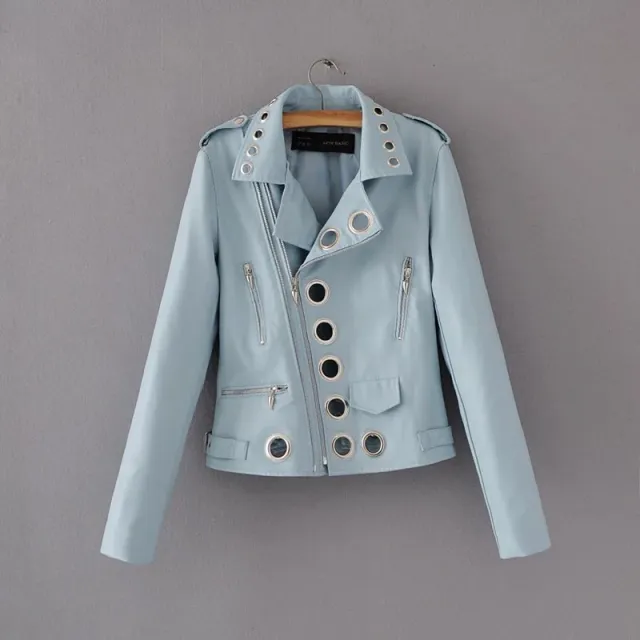 Ladies Fashion Hollow Pu Leather Jacket Blue - Shop at LoveMi