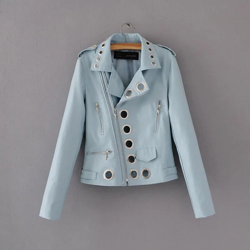 Ladies Fashion Hollow Pu Leather Jacket - Blue