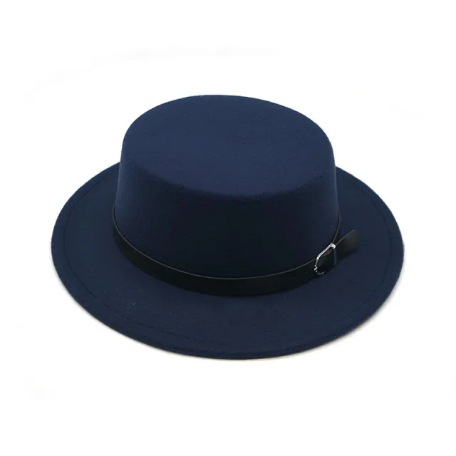 Pure Color Silver Buckle Belt Woolen Flat Top Hat Navy Blue - Shop at LoveMi