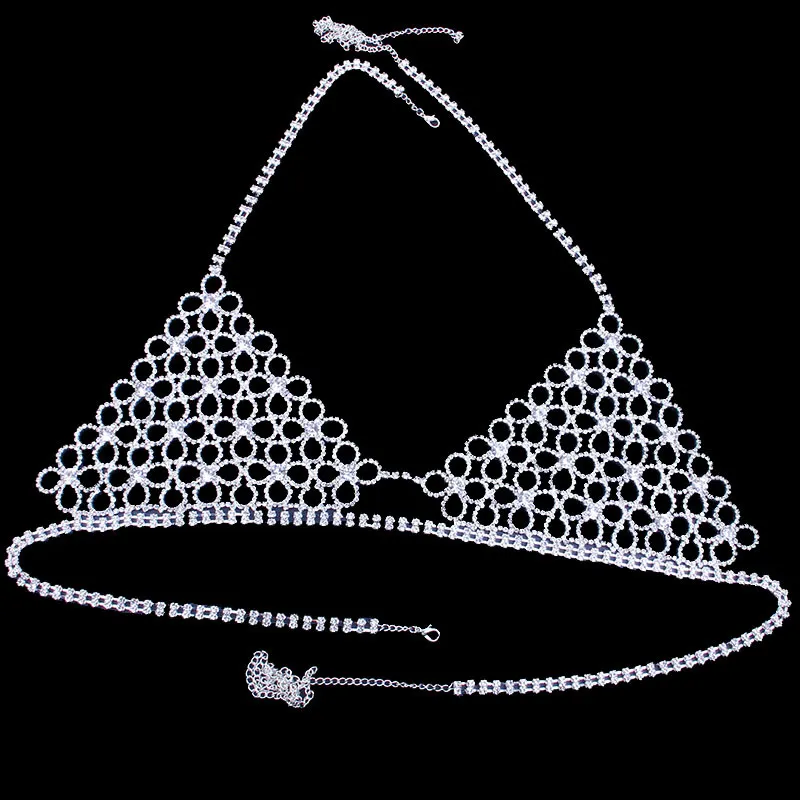 Shiny Sexy Bikini Set with Rhinestone Hollow Flower Body Chain - Silver