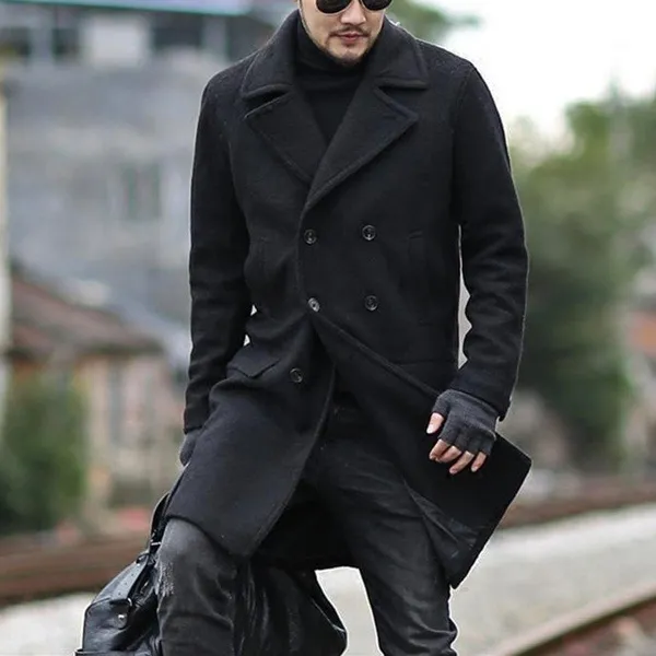 Double breasted mid length men's lapel woolen trench coat Black - Shop at LoveMi