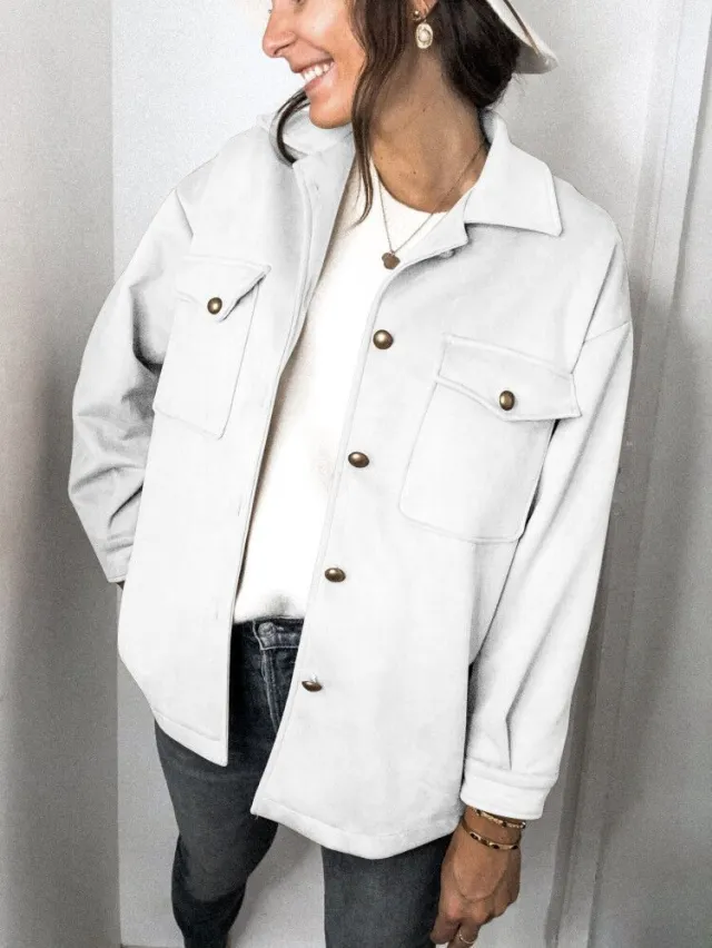 Double Pocket Deerskin Velvet Jacket White - Shop at LoveMi