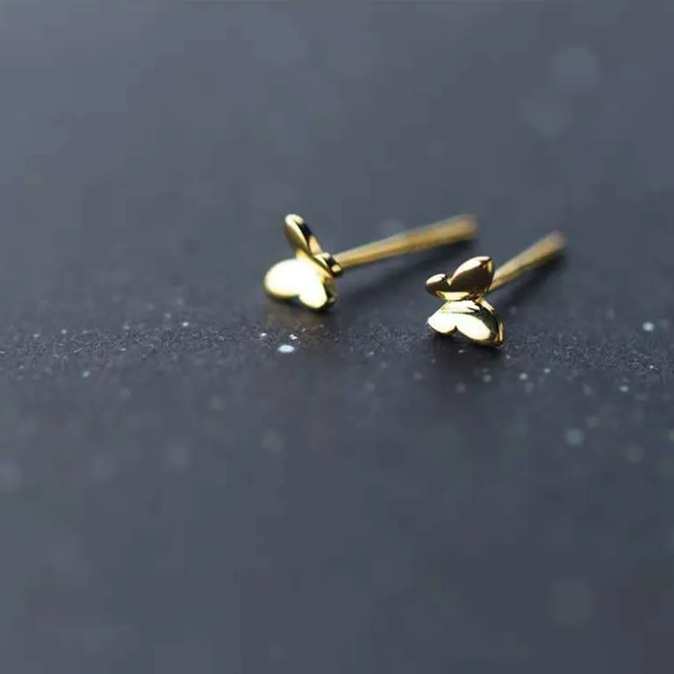 925 silver needle 14K Gold Butterfly Earrings - Gold